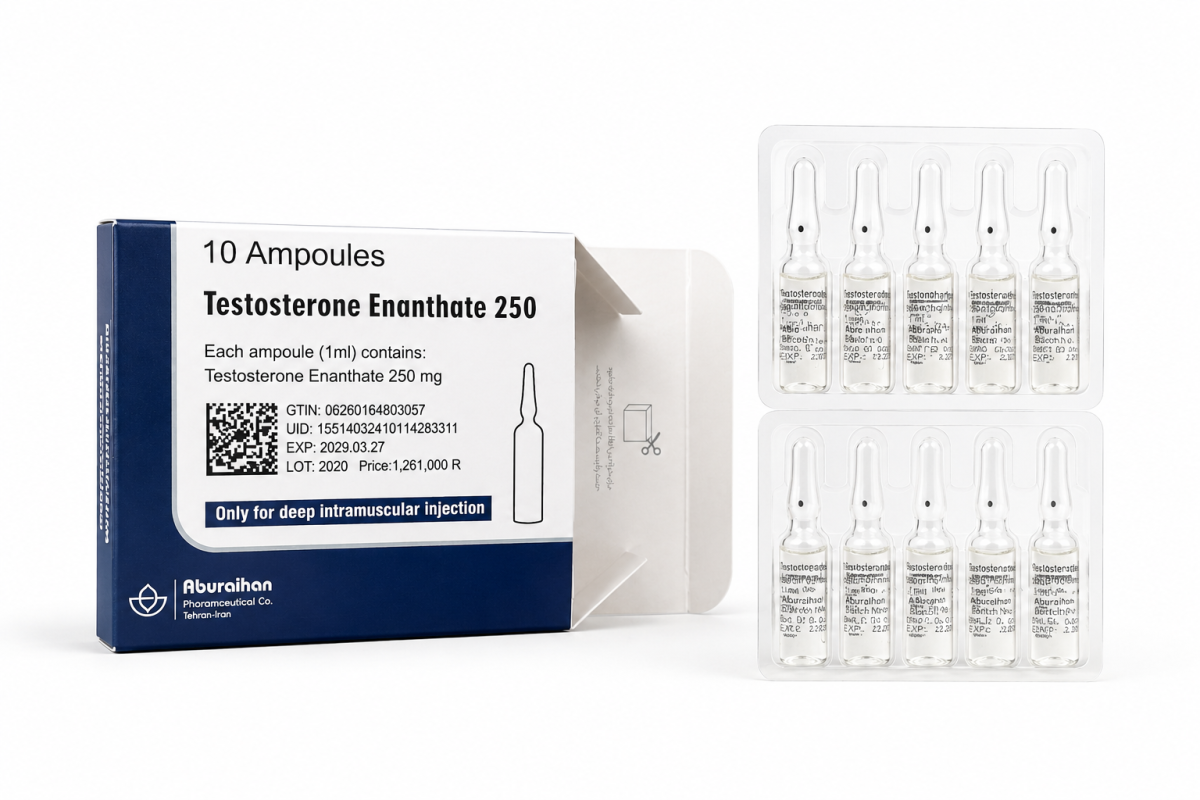Testosterone enanthate 250 mg doos met 10 ampullen van Aburaihan Pharmaceutical Co. voor intramusculair gebruik