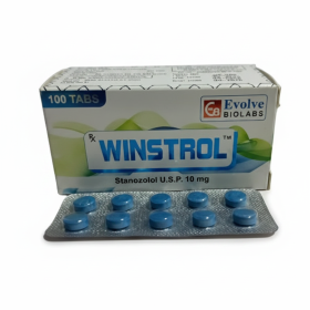 Boîte Evolve Biolabs Winstrol 10 mg et blister de comprimés bleus pour un guide médical sur acheter winstrol