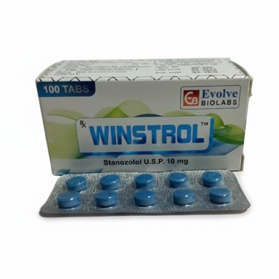 Boîte Evolve Biolabs Winstrol 10 mg et blister de comprimés bleus pour un guide médical sur acheter winstrol