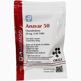 Sachet Pharmaqo Anavar 50 mg contenant 60 comprimés d'oxandrolone pour usage médical sous prescription
