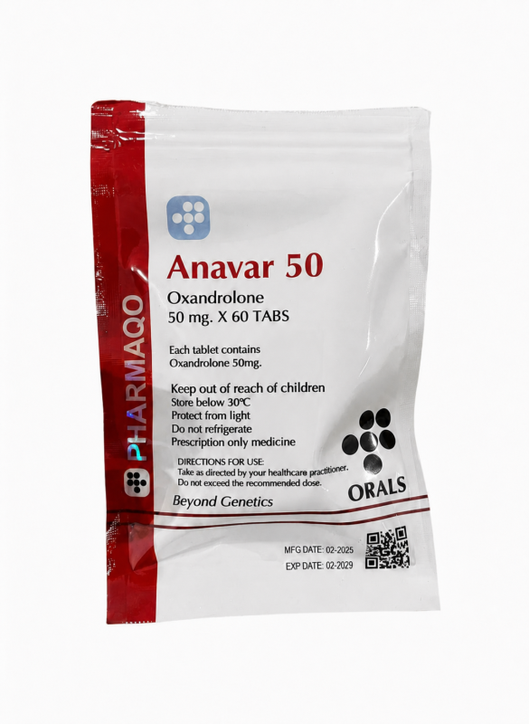 Sachet Pharmaqo Anavar 50 mg contenant 60 comprimés d'oxandrolone pour usage médical sous prescription