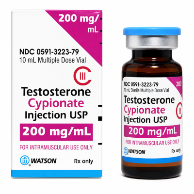 Testosterone cypionate injection flacon de verre ambré et boîte carton de Watson 200 mg/mL pour usage intramusculaire